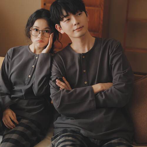 日式秋冬纯棉格子磨毛睡衣套装