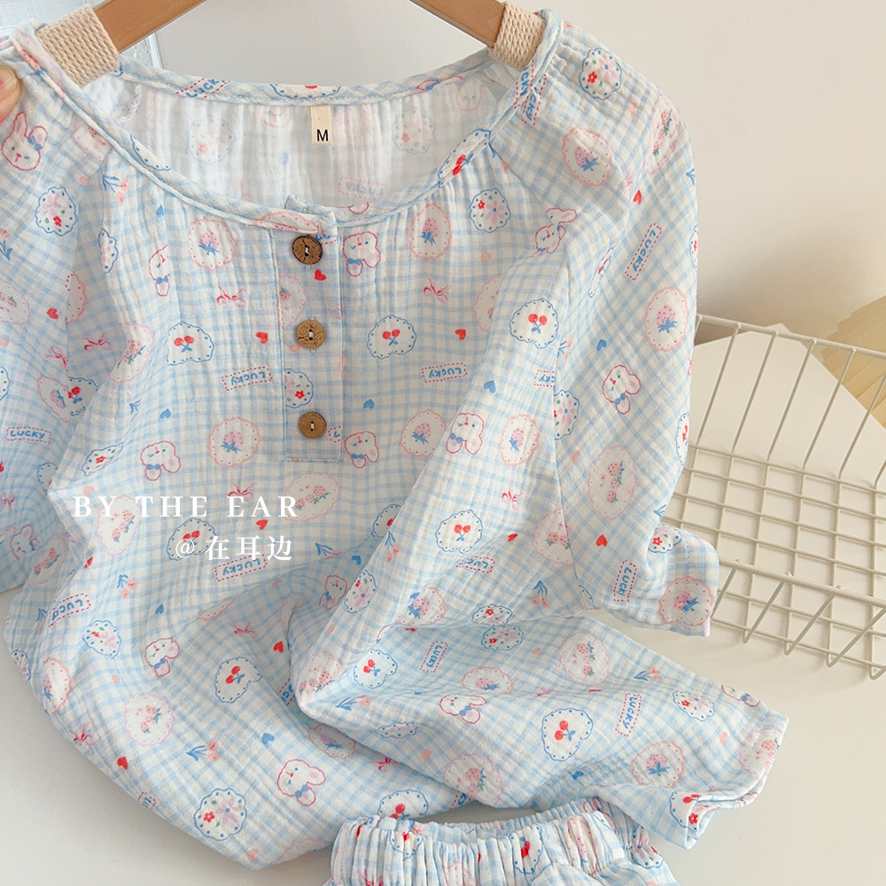 樱桃草莓兔双层纱纯棉睡裙