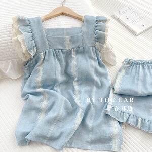 法式海盐蓝｜竹棉带胸垫夏女款吊带睡衣短裤睡裙竹纤维薄款家居服