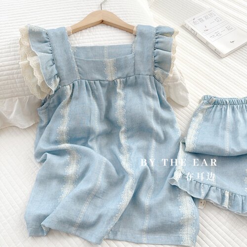 薄款家居服海盐蓝短裤竹棉睡裙