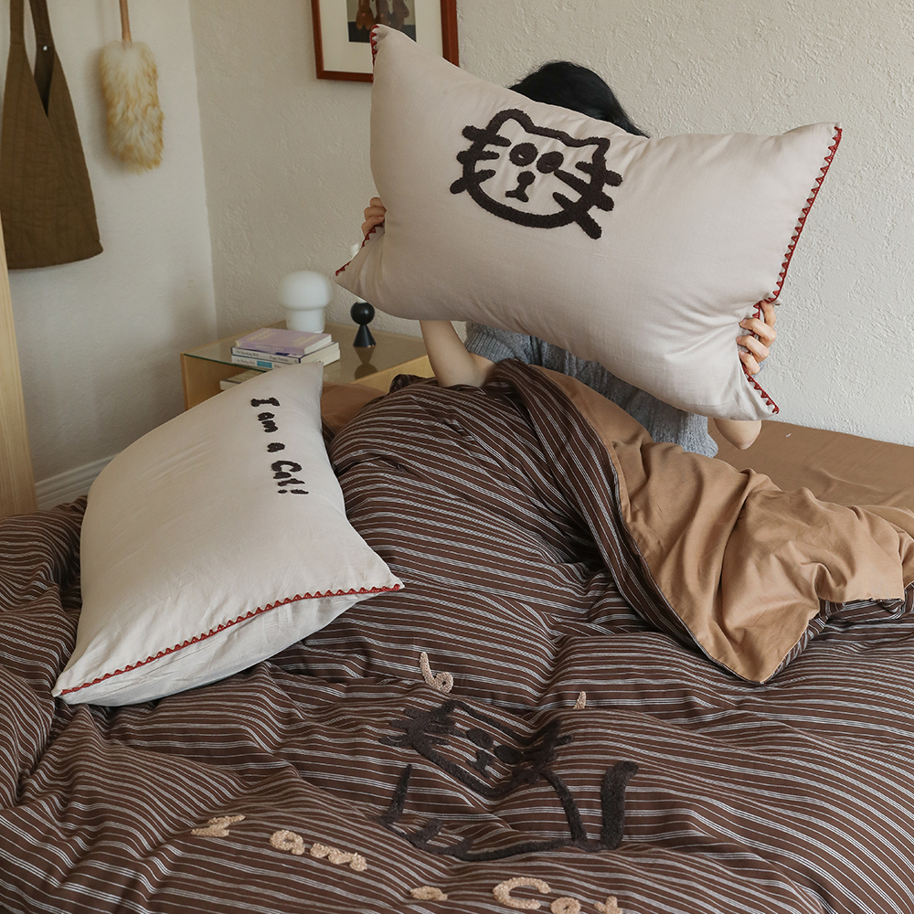 大脸猫色织毛巾绣双层纱四件套