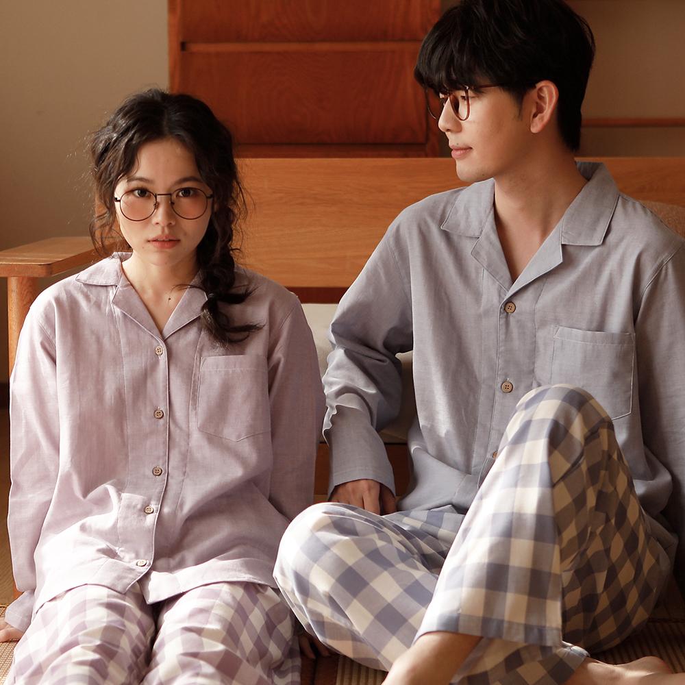 日式情侣格子家居服长袖睡衣男款