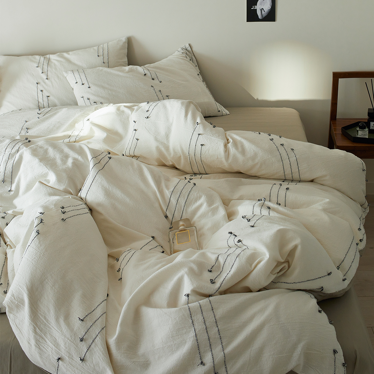 日式简约纯棉水洗棉剪花四件套