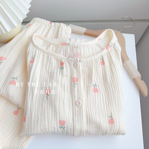 奶油小花女款全棉棉纱家居服