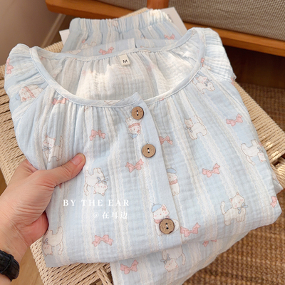 纯棉双层纱睡衣套装女春秋