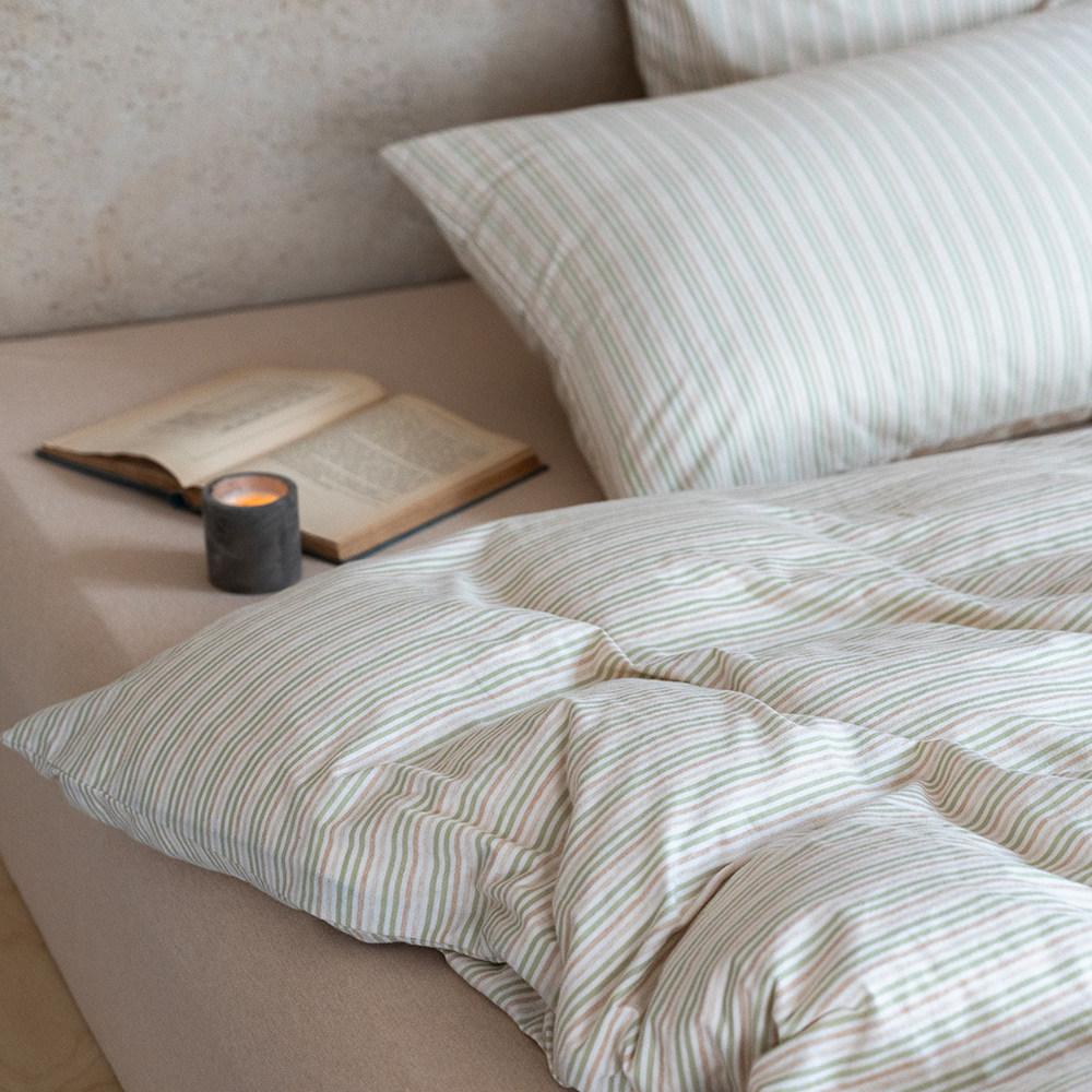 简约日式彩色细条纹彩棉针织棉四件套纯棉柔软森系被套床上用品