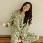 保暖家居服套装 春秋磨毛睡衣女纯棉绒布青鸟长袖 圆领开衫 可外穿