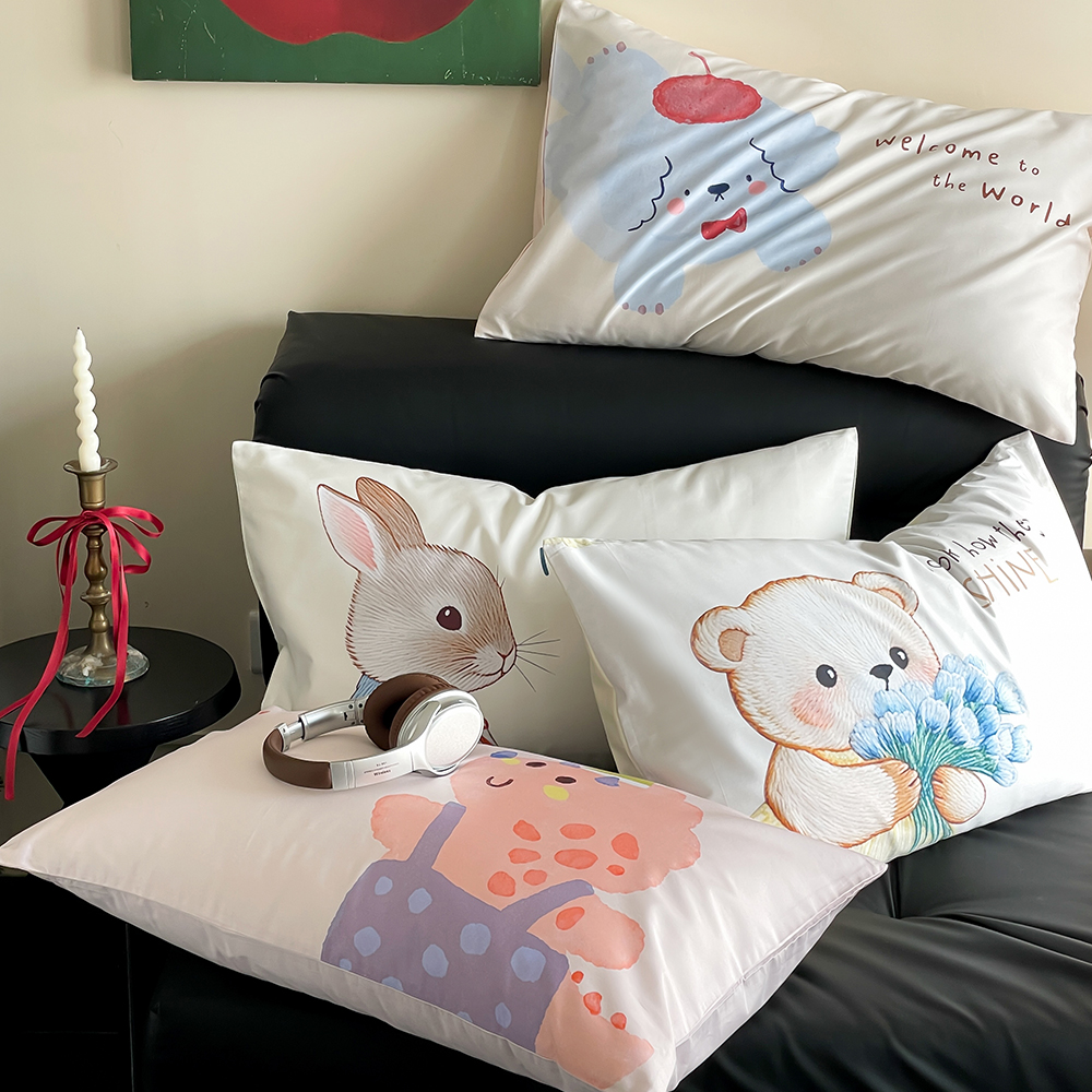 长绒棉贡缎全棉卡通枕套一对