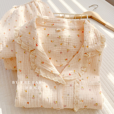 小清新全棉皱皱纱双层纱睡衣女