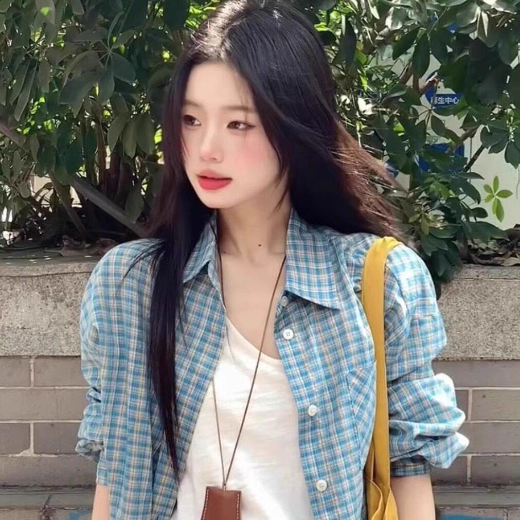 蓝色格子polo领长袖防晒衬衫女夏季薄款外搭衬衣外套百搭休闲