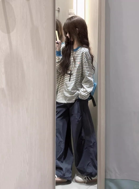 韩系多巴胺条纹撞色长袖T恤女早春季oversize小众设计感套头上衣