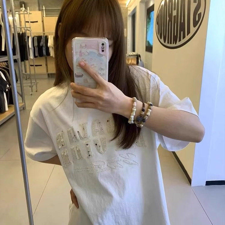 美式高街刺绣白色正肩短袖t恤女夏宽松慵懒风设计感小众纯棉上衣
