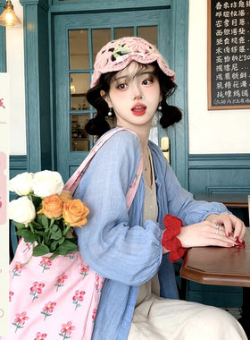 iuui·le 蓝色灯笼袖开衫女防晒衣外套2026新款百搭叠穿休闲复古