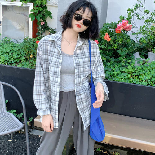 iuui·le 灰白格子长袖防晒衬衫女衬衣减龄休闲复古薄款舒适高级