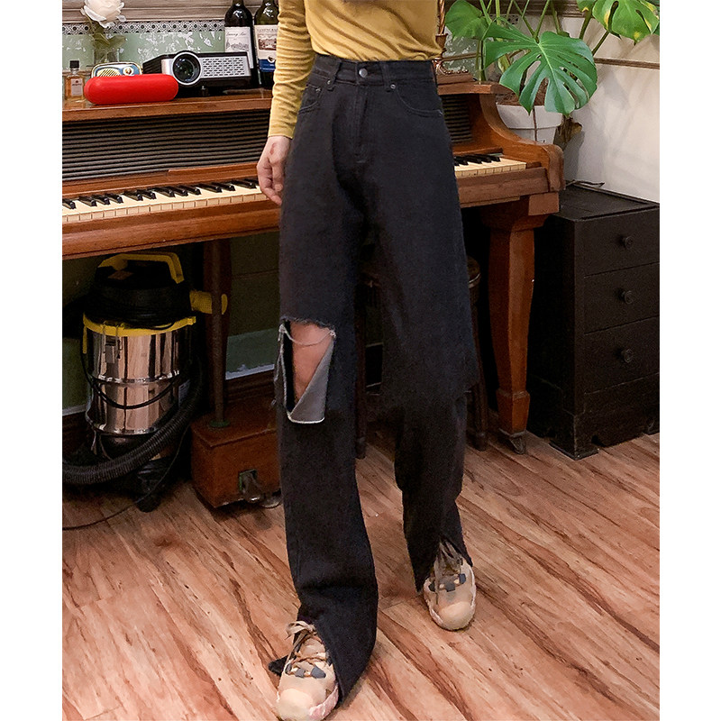 辛德瑞拉工作室|穿破洞裤的甜酷女孩 经典黑灰设计感直筒牛仔长裤