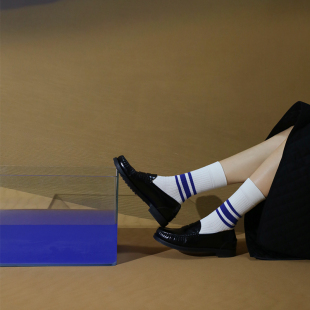 FUDGE日杂款 JOANLAND高品质蓝绿纯色棉袜男女同款 条纹中筒袜四季