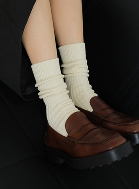 JOANLAND纯色全棉粗线中筒袜子男女同款日杂山系粗针米白色运动袜