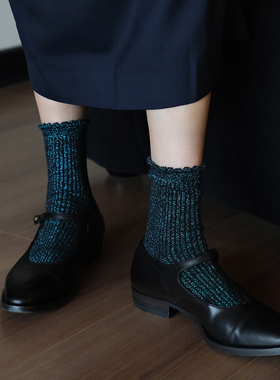 JOANLAND韩国进口立体木耳边闪亮珠光银葱袜女士复古中筒时装袜