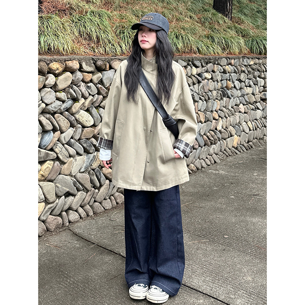 FBB WORKS 诺丁山下卡其色风衣外套女短款显瘦宽松经典英伦风大衣