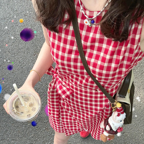 FBB WORKS 伯爵红茶 红格子无袖连衣裙女夏绝美海边背心裙