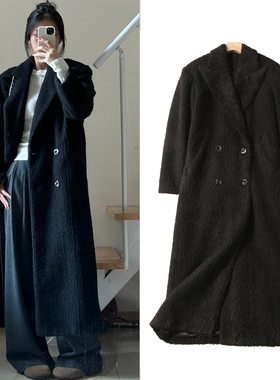 FBB WORKS 黑色西装呢子大衣女秋冬季韩系长款加厚高级感毛呢外套