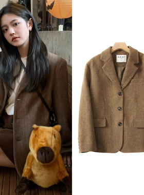 FBB WORKS 100%全羊毛人字纹西装外套女法式复古秋冬高级新品西服