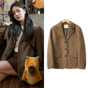 复古秋冬高级新品 FBB 外套女法式 100%全羊毛人字纹西装 西服 WORKS