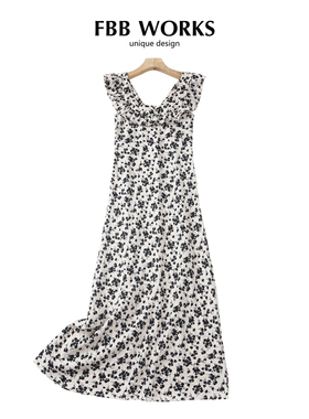 FBB WORKS 约会玫瑰岛碎花黑色连衣裙女春夏中长款荷叶边裙子网红