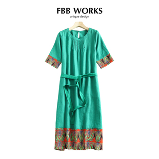 亚麻民族风旅行文艺显瘦中长连衣裙袍 原创2023夏新款 FBB WORKS