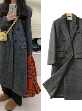FBB WORKS 黑灰色人字纹单面呢长款羊毛大衣经典正肩毛呢外套女