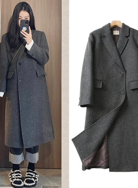 FBB WORKS 深灰色大衣100%羊毛斜门襟设计西装呢中长款外套女