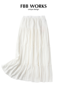 FBB WORKS 白色半身裙蛋糕裙女装早春2024新款a字裙子长裙高腰显