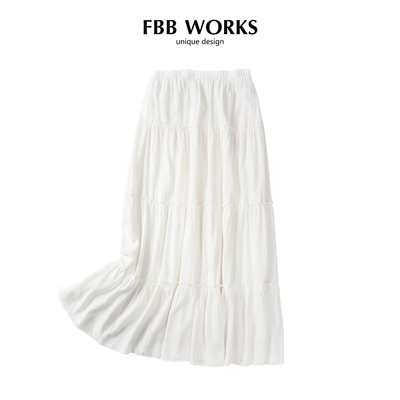 FBB WORKS 白色半身裙蛋糕裙女装早春2024新款a字裙子长裙高腰显