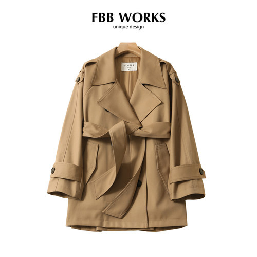 FBB WORKS 新款巴黎旧梦经典廓形大翻领双排扣短款气质风衣外套女