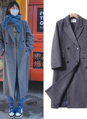 FBB WORKS 小个子羊毛灰色正肩毛呢外套女秋冬长款高级感呢子大衣