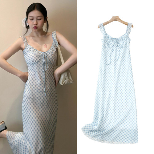 FBB WORKS 法式复古少女无袖蓝色格纹连衣裙设计感小众雪纺裙子