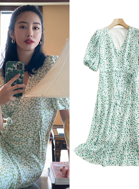 FBB WORKS 春夏新款绿色雪纺碎花连衣裙女小香风桔梗裙