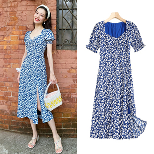 碎花连衣裙夏季 蓝色法式 方领高腰开叉收腰显瘦气质长裙 WORKS FBB
