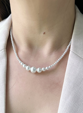 正圆珍珠渐变项链 塔链锁骨链女澳白颈链毛衣链极细简约叠戴时尚