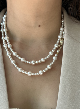 叠戴施家珍珠暴富毛衣链 豹子头扣头项链女轻奢小众秋冬爆款颈链