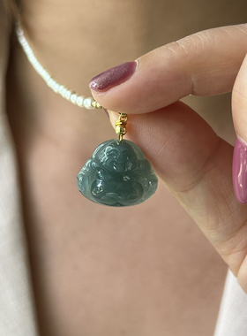 蓝水翡翠佛公吊坠珍珠项链 貔貅极细小米珠锁骨链新中式人造珍珠