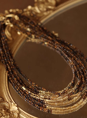 极细天然虎眼石项链baby珠小米珠镀金叠戴锁骨链颈链女轻奢新中式