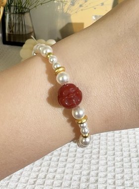 小清新国风红玛瑙佛公珍珠手链女 叠戴小众手作百搭饰品时尚中式