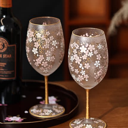 日本aderia石冢硝子樱花描金磨砂玻璃酒杯复古香槟红酒杯对杯礼盒