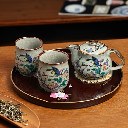 九谷烧手作彩绘花鸟茶杯茶壶套装