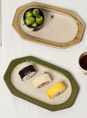 日本进口濑户烧手作粗陶盘子PLANE八角点心水果盘布纹素色餐盘