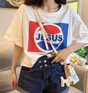 T恤女宽松短款 2024夏季 圆领印花字母短袖 新款 露肚脐上衣ins潮 薄款