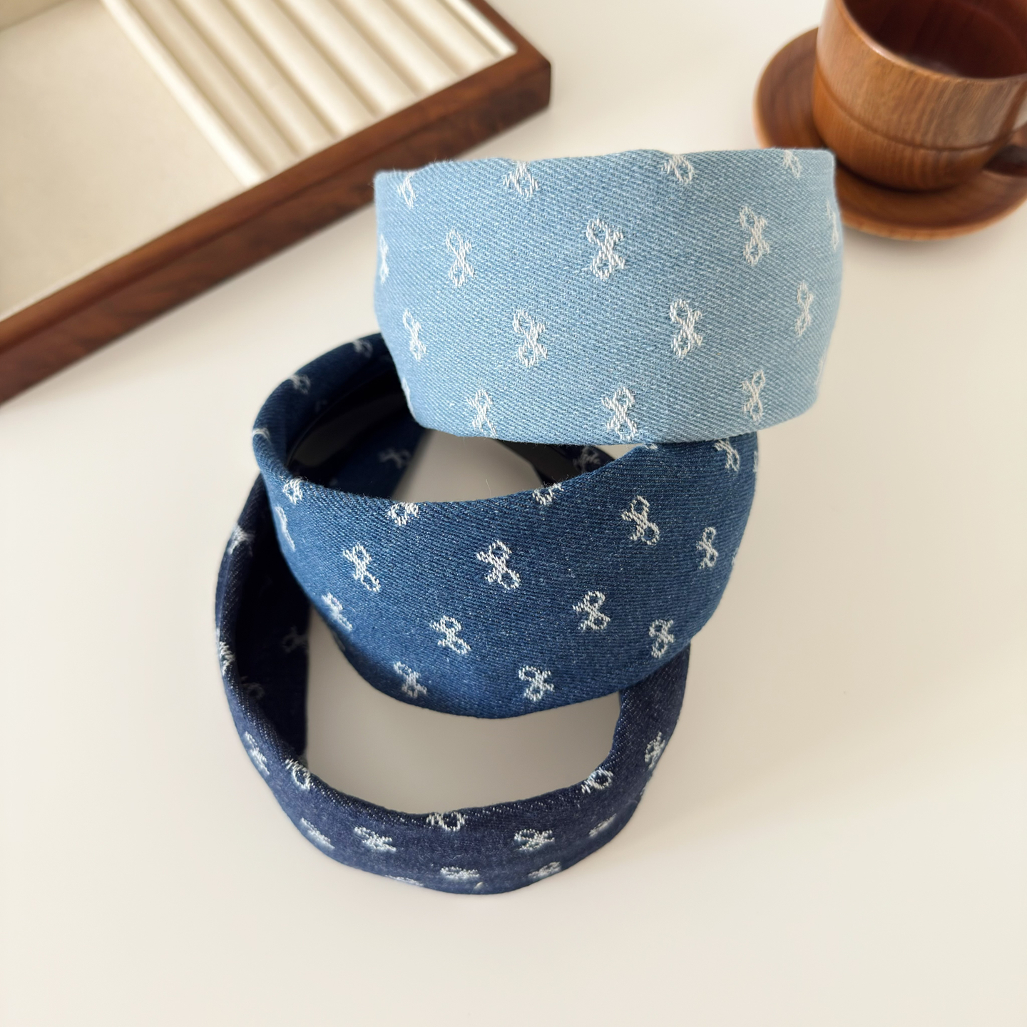 蓝色牛仔布艺发箍宽边带齿防滑女