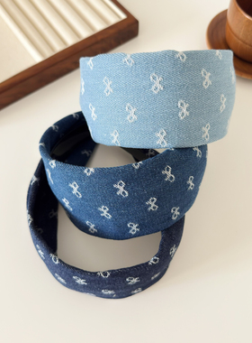 6cm宽 蓝色牛仔布艺发箍宽边压发发卡甜美气质头箍防滑蝴蝶结头饰
