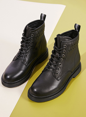 Aee/爱意短靴女秋冬低跟系带马丁靴牛皮4120605038骑士靴子